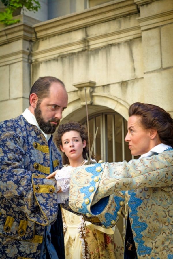 Chad Gowen Spear (Bernard), Amber Marie Flores (Constance), and Marianne Galloway (Ju Photo