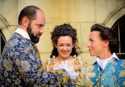 Chad Gowen Spear (Bernard), Amber Marie Flores (Constance), and Marianne Galloway (Ju Photo