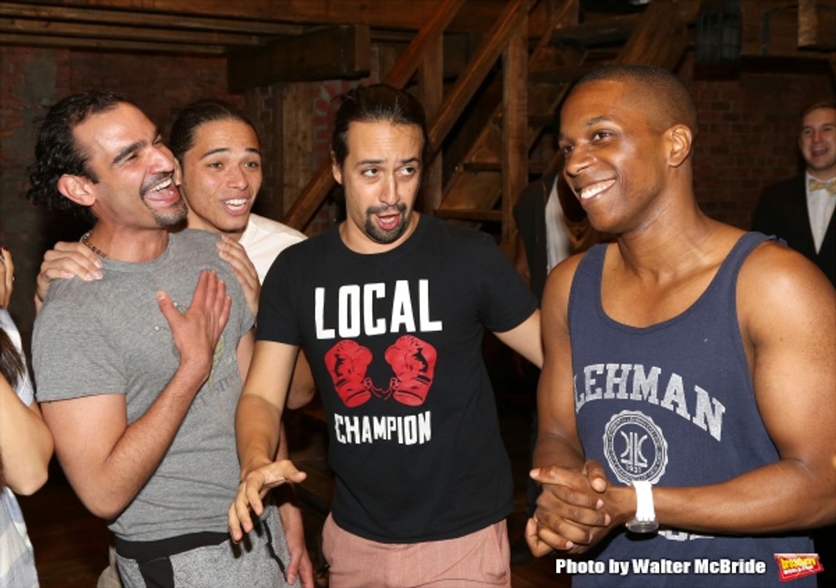 Javier Munoz, Anthony Ramos and Lin-Manuel Miranda singing Happy Birthday to Leslie Odom Jr. at 
