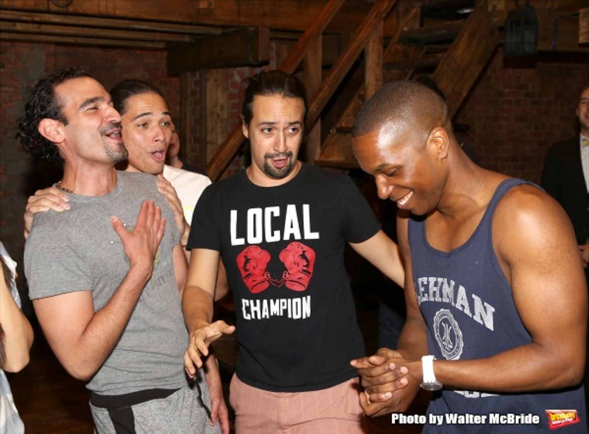 Javier Munoz, Anthony Ramos and Lin-Manuel Miranda singing Happy Birthday to Leslie Odom Jr. at 