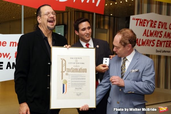 Penn &amp; Teller accept a proclamation from Ken Kallos Photo