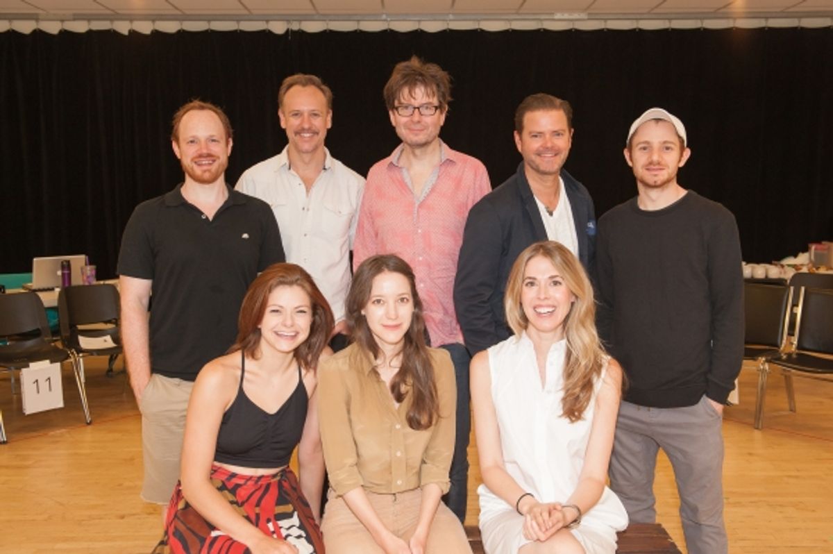 Front row: Izzie Steele, Brooke Bloom, Lucy Owen. Standing: Sean Dugan, John Sanders, director James Macdonald, Clarke Thorell, Chris Perfetti at 