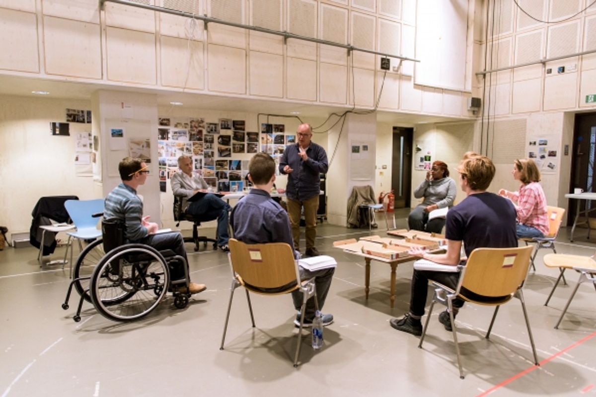 The cast of TEDDY FERRARA with director Dominic Cooke at 