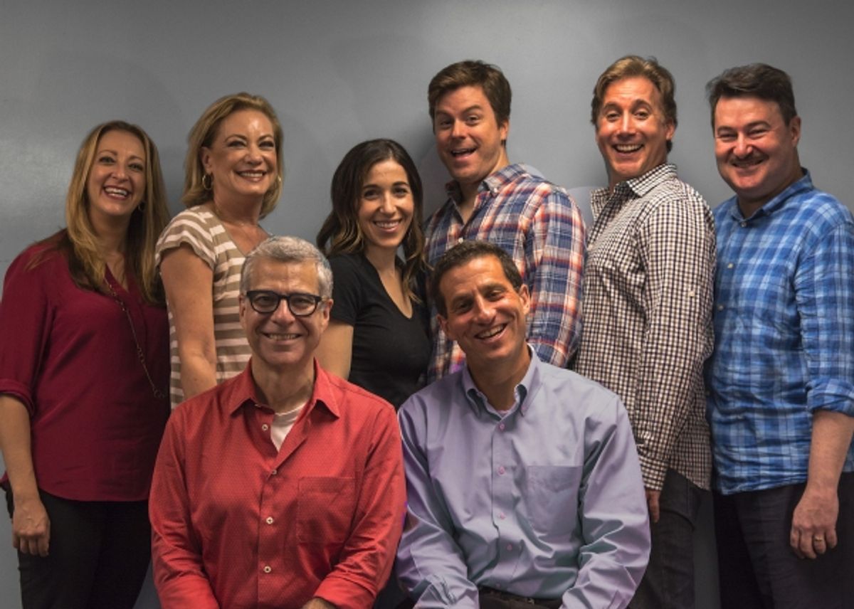 Director Mark Waldrop and playwright JB Reich (seated) are joined
by co-stars (standing) Melissa Teitel, Susan Cella, Sarah Sirota,
Eric Bryant, Adam LeBow and Allen Lewis Rickman. at 