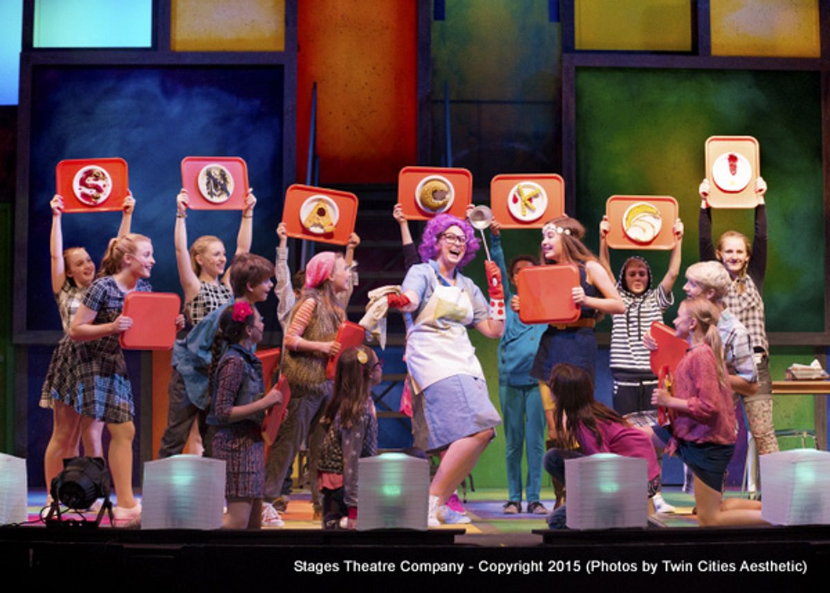 Brittany Parker as MRS GUTZMAN with the cast of  Junie B. Jones the Musical at Stages Theatre Company at 