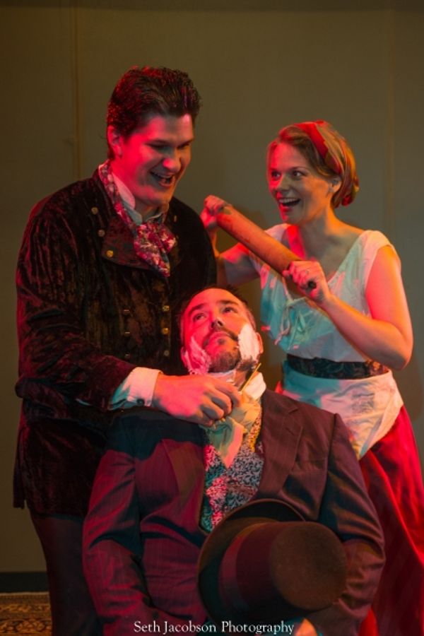 Jason Shealy as Sweeney Todd, Eden Casteel as Mrs. Lovett, Terry Shea as The Judge Photo