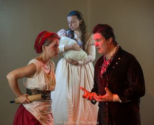 Maggie Papa as Johanna, Jason Shealy as Sweeney Todd, Eden Casteel as Mrs. Lovett Photo