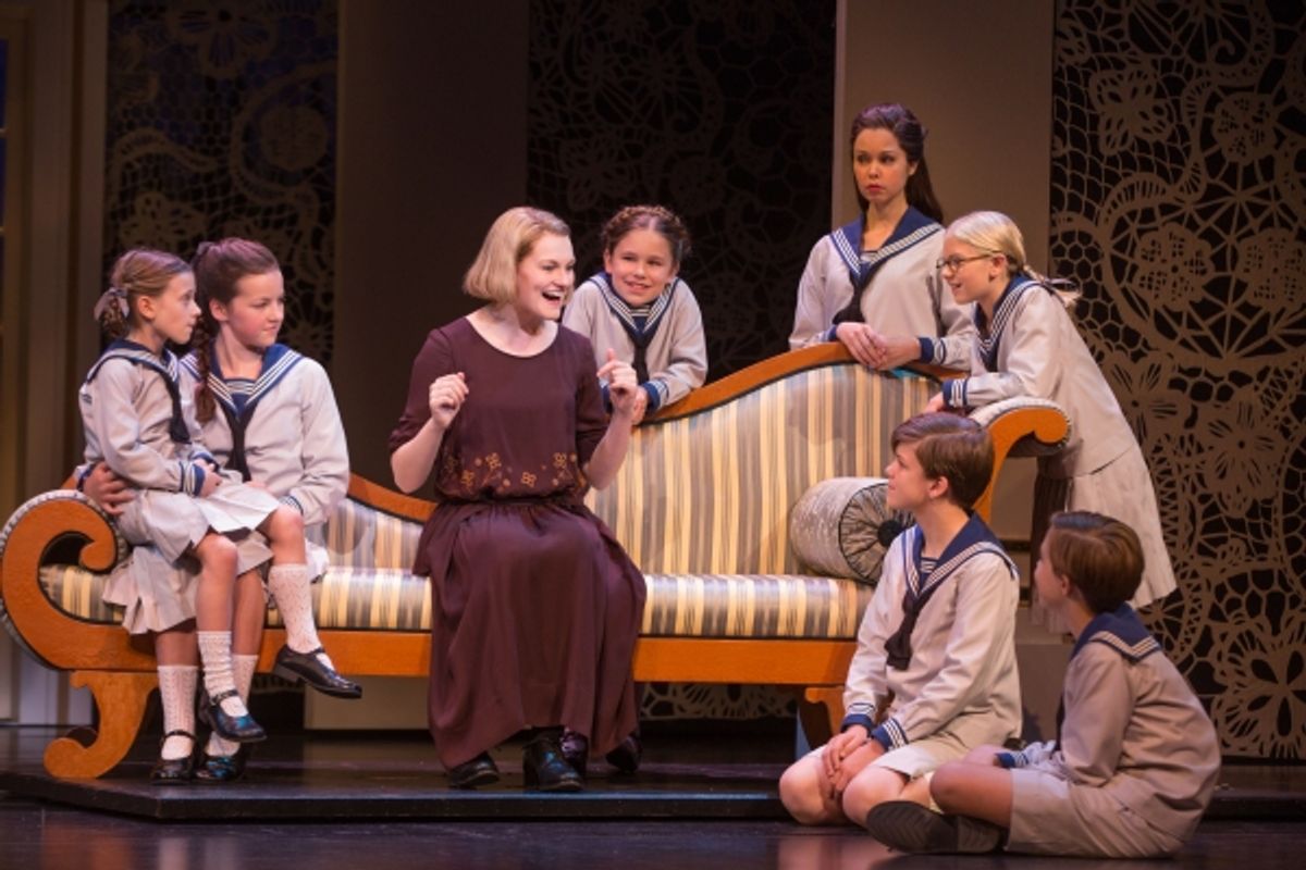 Kerstin Anderson as Maria Rainer with the von Trapp children (from left, clockwise): Audrey Bennett, who plays Gretl, Maria Knasel (Louisa), Mackenzie Currie (Marta), Paige Silvester (Liesl), Svea Johnson (Brigitta), Erich Schuett (Friedrich), Quinn Erick at 