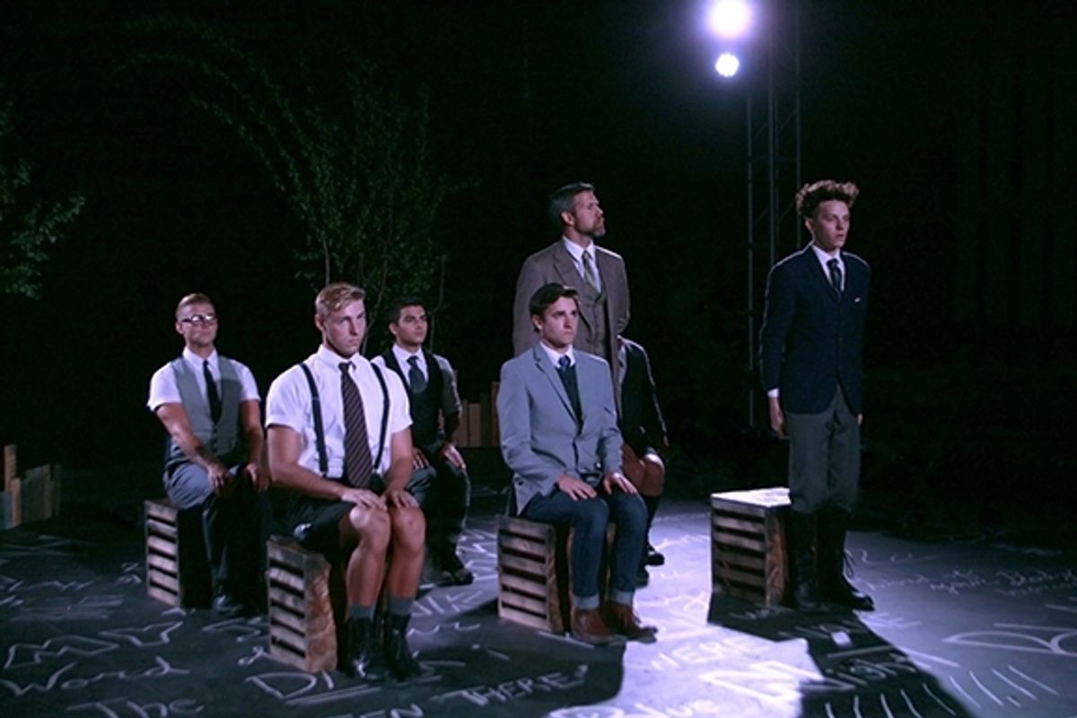 Zackary Scot Wolfe (Georg), Zack Zumbek (Hanschen), Nicholas Alexander (Otto), Nick Eiter (Melchior) look on as Joseph Arreola (Adult Man) reprimands Austyn Myers (Moritz). at 