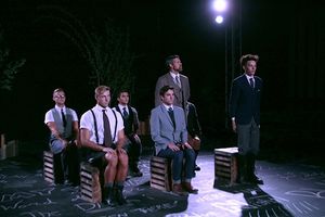 Zackary Scot Wolfe (Georg), Zack Zumbek (Hanschen), Nicholas Alexander (Otto), Nick Eiter (Melchior) look on as Joseph Arreola (Adult Man) reprimands Austyn Myers (Moritz). @ BroadwayWorld Zackary Scot Wolfe (Georg), Zack Zumbek (Hanschen), Nicholas Alexander (Otto), Nick E Photo