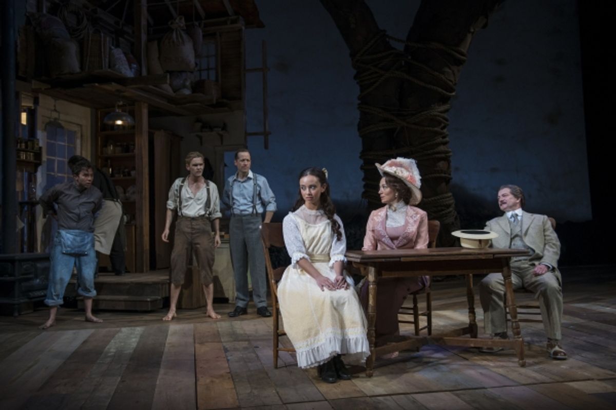 Aaron Himelstein (Caleb Trask), Casey Thomas Brown (Aron Trask), ensemble member Tim Hopper (Adam Trask), Brittany Uomoleale (Abra Bacon), Elizabeth Laidlaw (Mrs. Bacon) and ensemble member Alan Wilder (Mr. Bacon)  at 