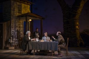 Francis Guinan (Samuel Hamilton), Stephen Park (Lee), and ensemble members Kate Arrington (Cathy Trask) and Tim Hopper (Adam Trask) have dinner together @ BroadwayWorld Francis Guinan (Samuel Hamilton), Stephen Park (Lee), and ensemble members Kate Arri Photo