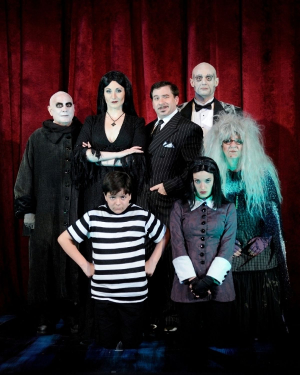 Alexander LeBlanc as Pugsley, Kayla Tomas as Wednesday, Connie Anderson as Grandma, (back row from left) Fred Frabotta as Uncle Fester, Katie Anne Clark as Morticia, Steve Gagliastro as Gomez and Joseph Torello as Lurch  at 