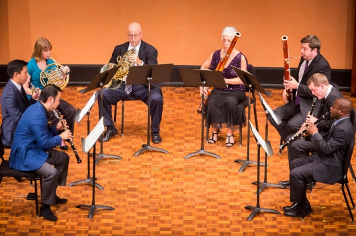 Principal Oboe Liang Wang, Principal Horn Philip Myers, Principal Bassoon Judith LeClair, and Principal Clarinet Anthony McGill at 