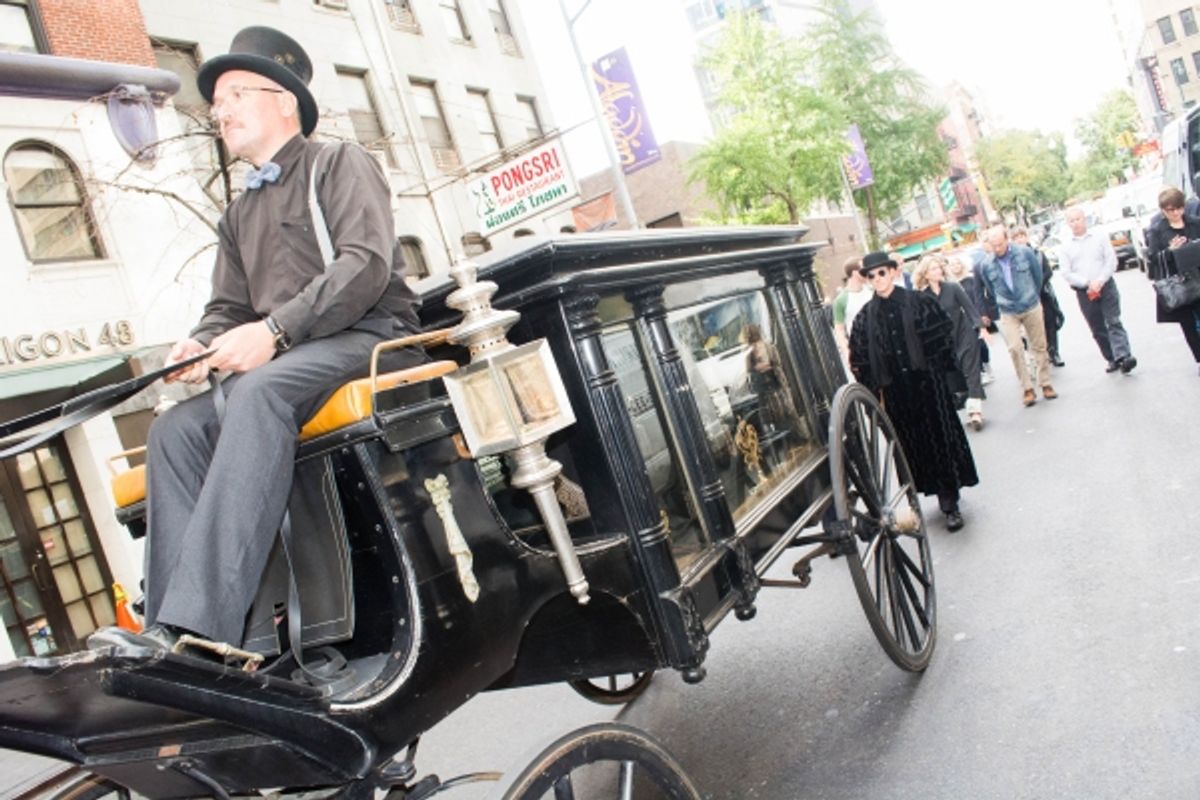 To mark the occasion of Jefferson Mays'' 6,000th death in Broadway''s A GENTLEMAN''S GUIDE TO LOVE AND MURDER, the production held a funeral procession down West 48th Street, as cast members and fans, all dressed in mourning attire, followed Mr. Mays, lyi at 
