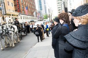 To mark the occasion of Jefferson Mays'' 6,000th death in Broadway''s A GENTLEMAN''S GUIDE TO LOVE AND MURDER, the production held a funeral procession down West 48th Street, as cast members and fans, all dressed in mourning attire, followed Mr. Mays, lyi @ BroadwayWorld To mark the occasion of Jefferson Mays'' 6,000th death in Broadway''s A GENTLEMAN''S Photo