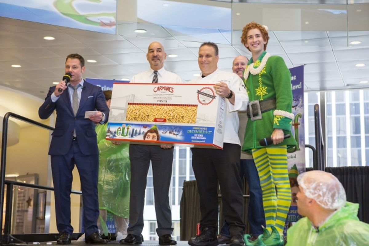 John Foxx, WPLJ, Antonio Rodriguez, NYC Department of Homeless Services, Glenn Rolnick, Director of Culinary Operations, Carmine''s, Sam Scalamoni, Director of ELF THE MUSICAL, and Buddy The Elf at 