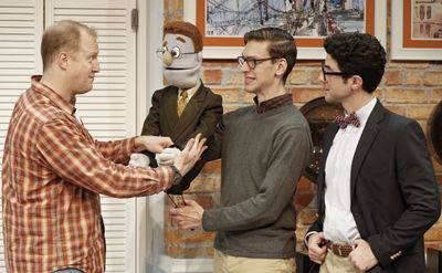 The Cops of SHEAR MADNESS (Adam Gerber and Patrick Noonan) put Rod/Ben Durocher in ha Photo