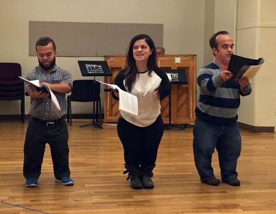 Caleb Tourres, Hollis Andrews, Aaron Beelner, and Lauren Mayeux in rehearsal. Photo