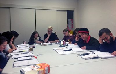 The cast of the THE LILLIPUT TROUPE gather with playwright Gaby FeBland and  Alex Ben Photo