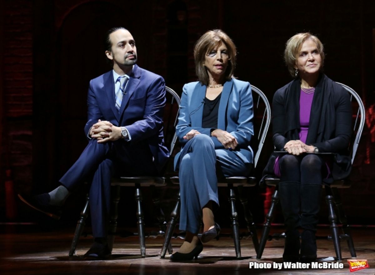 ''Hamilton'' creator Lin-Manuel Miranda, Executive Director of Lesley Herrmann of Gilder Lehrman and Rockefeller Foundation president Judith Rodin  at 