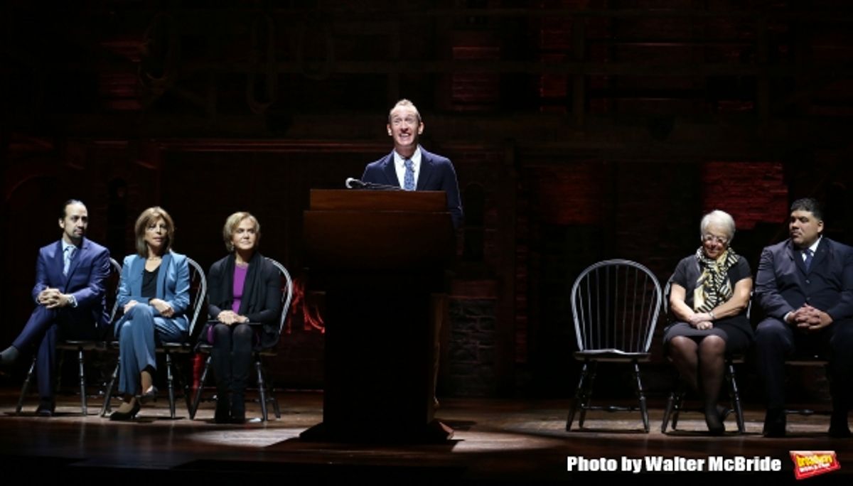 ''Hamilton'' creator Lin-Manuel Miranda, Executive Director of Gilder Lehrman Lesley Herrmann, producer Jeffrey Seller, Chancellor Carmen Farina and principal Moses Ojeda  at 
