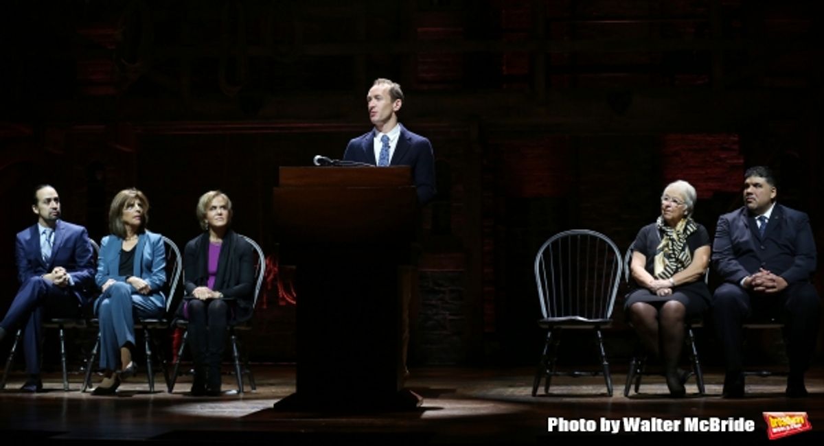 ''Hamilton'' creator Lin-Manuel Miranda, Executive Director of Gilder Lehrman Lesley Herrmann, producer Jeffrey Seller, Chancellor Carmen Farina and principal Moses Ojeda  at 