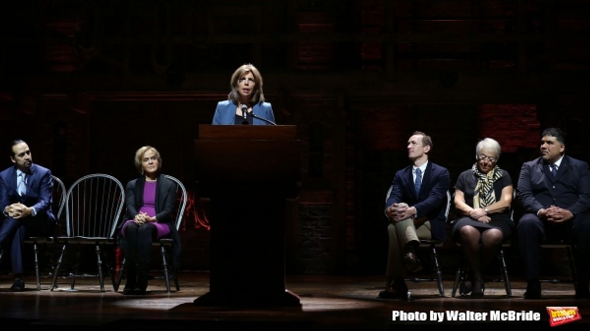  Lin-Manuel Miranda, Rockefeller Foundation president Judith Rodin, Executive  of Lesley Herrmann of Gilder Lehrman, producer Jeffrey Seller, chancellor Carmen Farina and principal Moses Ojeda  at 