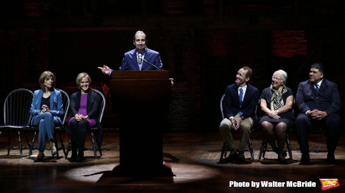 Lin-Manuel Miranda with Executive  of Gilder Lehrman Lesley Herrmann, producer Jeffrey Seller, Chancellor Carmen Farina and principal Moses Ojeda  at 