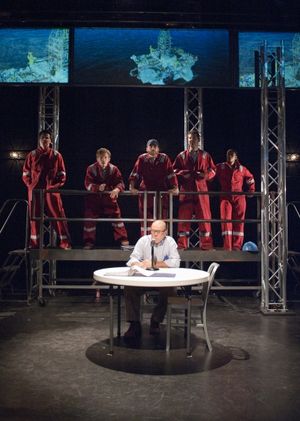 Ensemble members (background from left) Tim Decker, Christopher Sheard, Chris Rickett, David Prete, Caren Blackmore and (foreground) Craig Spidle @ BroadwayWorld Ensemble members (background from left) Tim Decker, Christopher Sheard, Chris Rickett Photo