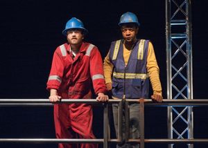 Ensemble members Justin James Farley (right) and Chris Rickett portray oil rig workers @ BroadwayWorld Ensemble members Justin James Farley (right) and Chris Rickett portray oil rig worker Photo