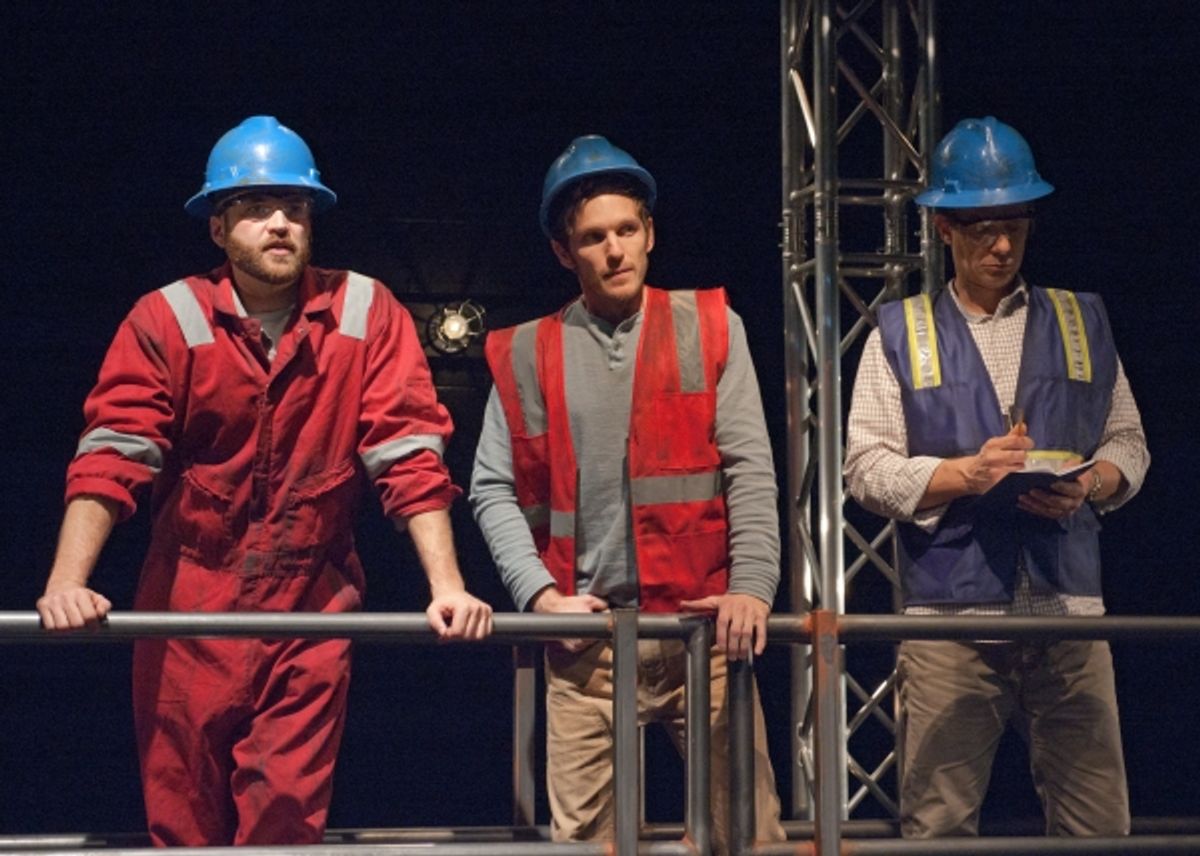 Ensemble members Chris Rickett (from left), Christopher Sheard and David Prete portray oil rig workers on the doomed Deepwater Horizon at 