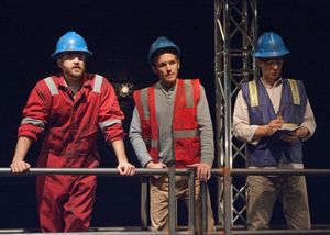 Ensemble members Chris Rickett (from left), Christopher Sheard and David Prete portray oil rig workers on the doomed Deepwater Horizon @ BroadwayWorld Ensemble members Chris Rickett (from left), Christopher Sheard and David Prete portra Photo
