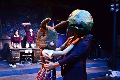 Hunter Dunn, Justin Burns, Olivia Shine (rabbit) and Brian Baren (turtle) Photo