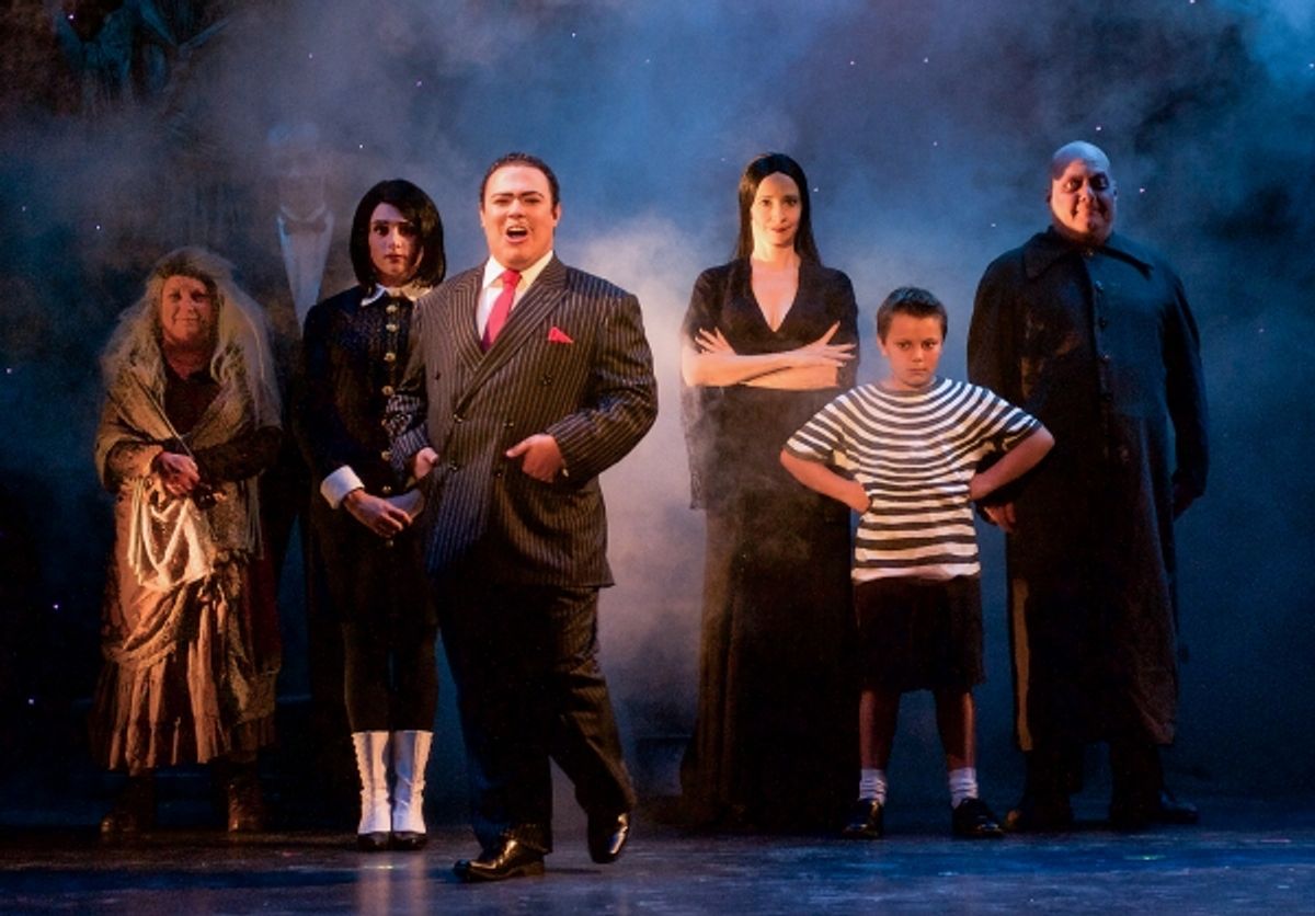 Tracey Collins (grandma), Matt Reed (Lurch), Madison Kerth (Wednesday), Johnny Missakian (Gomez), Trina Beck (Morticia), Christian Collins (Pugsley), Alan Payne (Uncle Fester) at 