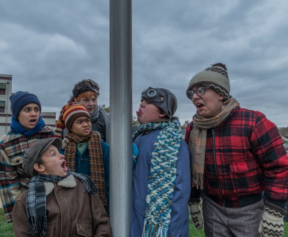 Cody Bolithon is Sammy, Ricky Falbo (beret) is Grover Dill, Matthew Uzarraga is Schwartz, Reid Patrick Tomasson is Farkus, Blake Barnickel is Flick (tongue stuck to pole) and Michael Harp is Ralphie at 