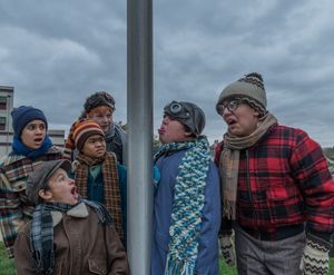 Cody Bolithon is Sammy, Ricky Falbo (beret) is Grover Dill, Matthew Uzarraga is Schwartz, Reid Patrick Tomasson is Farkus, Blake Barnickel is Flick (tongue stuck to pole) and Michael Harp is Ralphie @ BroadwayWorld Cody Bolithon is Sammy, Ricky Falbo (beret) is Grover Dill, Matthew Uzarraga is Schwa Photo