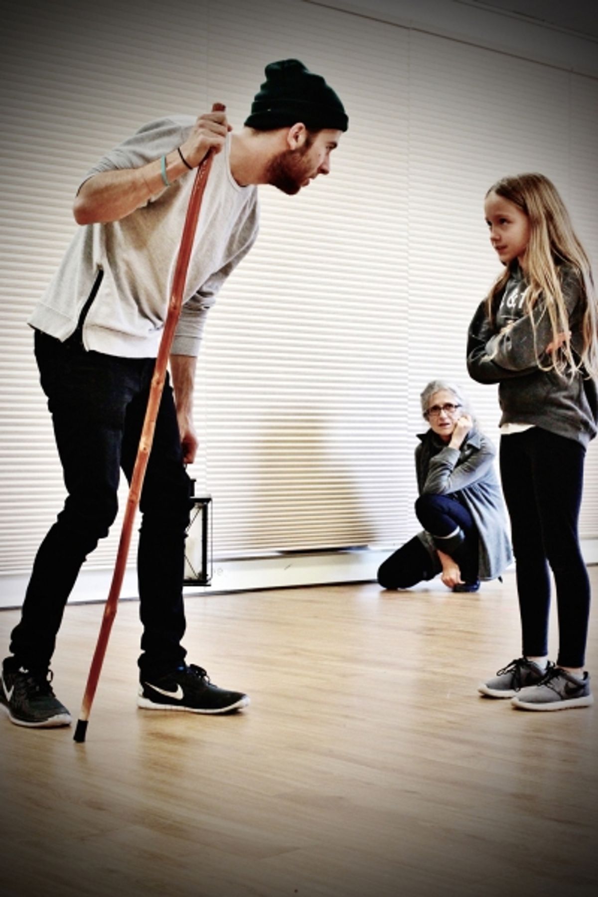 Johnny Shea as the Ice Man, Austyn Johnson as Rebecca, and Camilla Schade as the Narrator at 