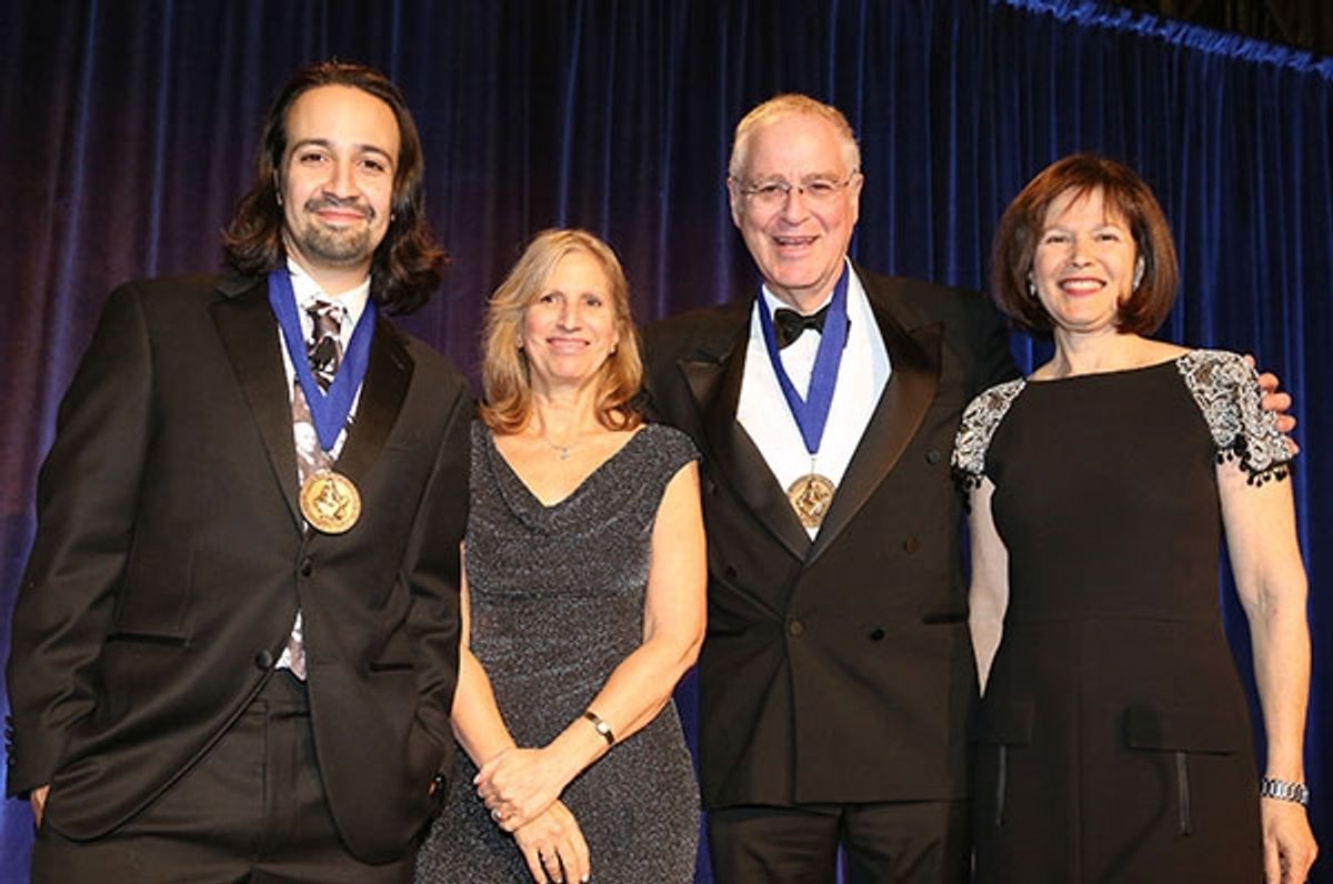 Lin-Manuel Miranda, Louise Mirrer, Ron Chernow, Pam Schafler at 