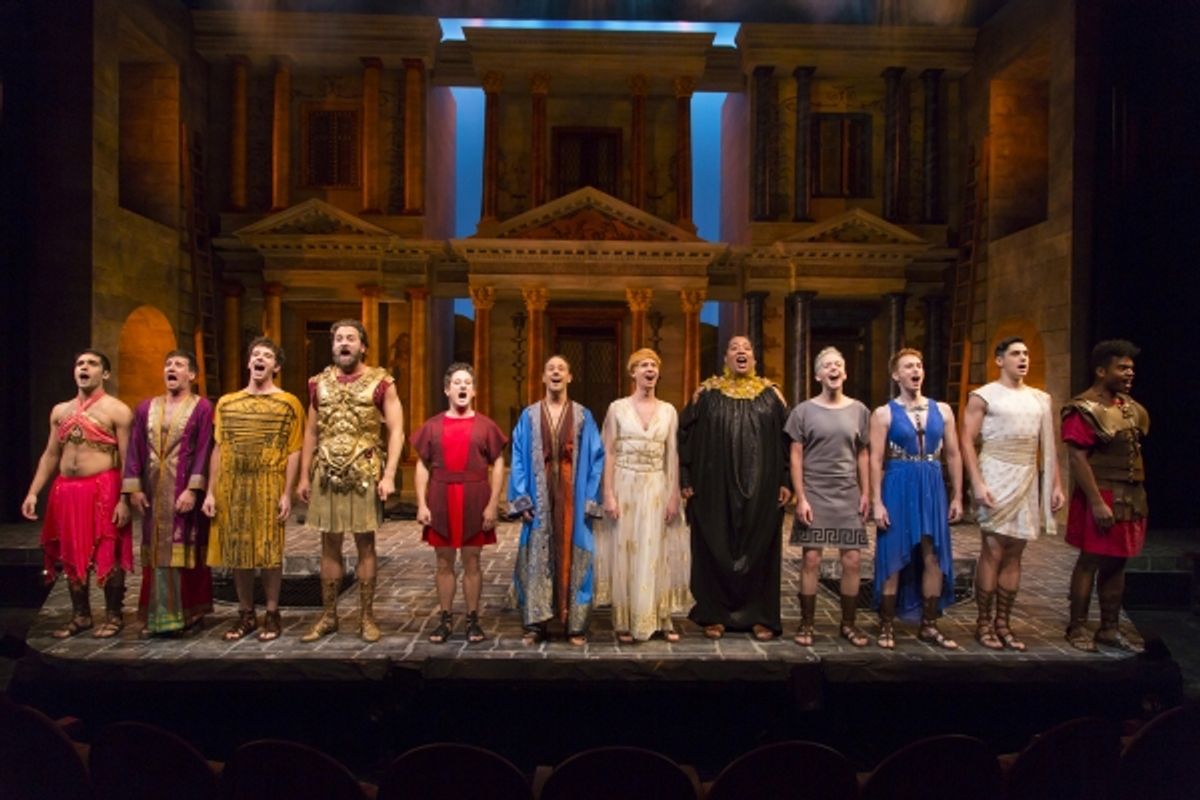 Christopher Fitzgerald (in red, fifth from left) as Pseudolus and the company of A FUNNY THING HAPPENED ON THE WAY TO THE FORUM at Two River Theater.    at 