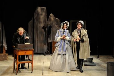 Stephen Berenson as Ebenezer Scrooge with Rachael Warren and Joshua Lomeli as solicit Photo