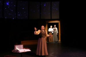 Foreground: Henrietta Leavitt (Shannon Emerick); Background: Williamina Fleming (Claire Hart-Palumbo) and Annie Cannon (Elizabeth Marshall Black) @ BroadwayWorld Foreground: Henrietta Leavitt (Shannon Emerick); Background: Williamina Fleming (Clai Photo