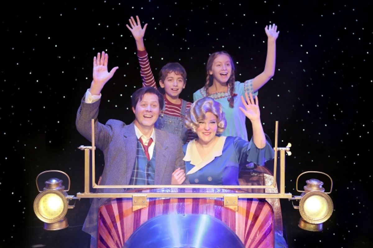(clockwise from upper left) Nicholas Wharff as Jeremy Potts, Natalie Grote as Jemima Potts, Dani Boal as Truly Scrumptious, and Brandon John Lee as Caractacus Potts at 