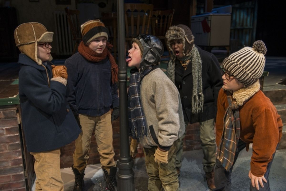 Jack Edwards (ensemble) Rowan Moxley (Schwartz), Charlie Iverson (Flick tongue stuck to flagpole) Cameron Goode (understudy) and Nate Becker (Ralphie) at 