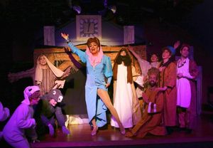 ''Mary''s Got Gams'' - Surrounded by all of her biblical extras, Joan Crawford (David Cerda, center) shows off her gams as The Virgin in the opening number @ BroadwayWorld ''Mary''s Got Gams'' - Surrounded by all of her biblical extras, Joan Crawford (David Photo