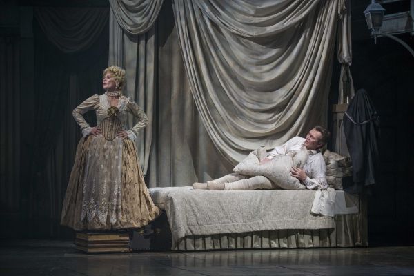 Hollis Resnik as the Ghost of Christmas Past and Jonathan Smoots as Ebenezer Scrooge Photo