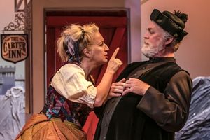 Mistress Quickly (Kristie Dale Sanders) chastises Sir Hugh Evans (Ames Adamson)  Photo