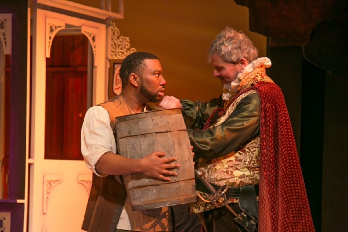 Bardolph (Javon Johnson) is given a new trade as a tapster by Sir John Falstaff (David Andrew Macdonald) at 