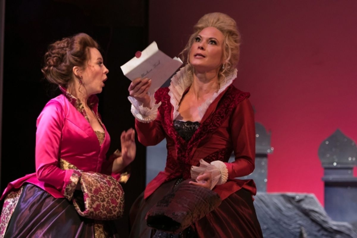 Mistress Margaret Page (Saluda Camp) and Mistress Alice Ford (Caralyn Kozlowski) begin planning their mischief at 