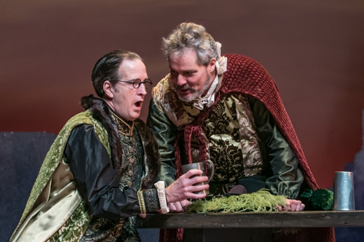 Frank Ford (Matt Sullivan) dons a disguise to get Sir John Falstaff (David Andrew Macdonald) to reveal his intentions at 